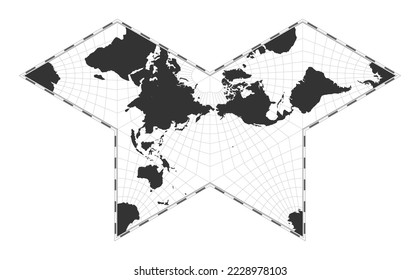 Vector world map. Gnomonic butterfly projection. Plain world geographical map with latitude and longitude lines. Centered to 180deg longitude. Vector illustration.