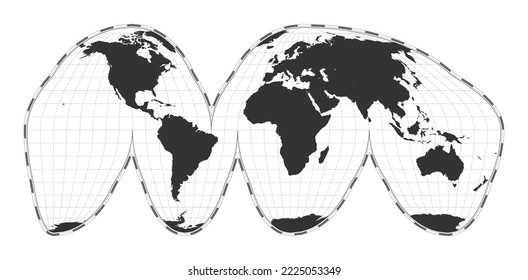 Vector world map. Goode's interrupted homolosine projection. Plain world geographical map with latitude and longitude lines. Centered to 0deg longitude. Vector illustration.