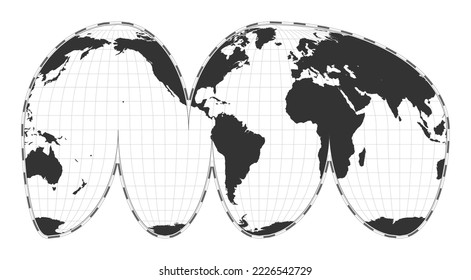 Vector world map. Goode's interrupted Mollweide projection. Plain world geographical map with latitude and longitude lines. Centered to 60 degrees E longitude. Vector illustration.