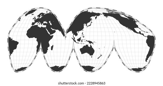 Vector world map. Goode's interrupted homolosine projection. Plain world geographical map with latitude and longitude lines. Centered to 120deg W longitude. Vector illustration.