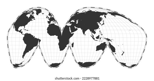 Vector world map. Goode's interrupted homolosine projection. Plain world geographical map with latitude and longitude lines. Centered to 60deg W longitude. Vector illustration.