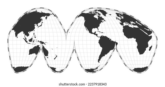 Vector world map. Goode's interrupted homolosine projection. Plain world geographical map with latitude and longitude lines. Centered to 120deg E longitude. Vector illustration.