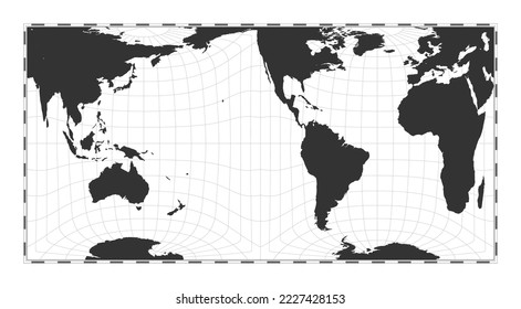 Vector world map. Gringorten square equal-area projection. Plain world geographical map with latitude and longitude lines. Centered to 120deg E longitude. Vector illustration.