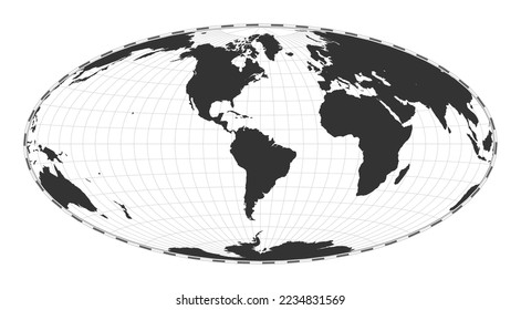 Vector world map. Hammer projection. Plain world geographical map with latitude and longitude lines. Centered to 60deg E longitude. Vector illustration.