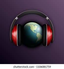 Vector world map headphones. Globe headphone icon, space sunlight. Planet Earth sunny glow background earphones. Continents world Sunshine picture. Colorful solar eclipse earphones poster presentation