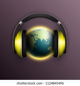 Vector world map headphones. Globe headphone icon, space sunlight. Planet Earth sunny glow background earphones. Continents world Sunshine picture. Colorful solar eclipse earphones poster presentation