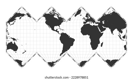 Vector world map. HEALPix projection. Plain world geographical map with latitude and longitude lines. Centered to 60 degrees E longitude. Vector illustration.