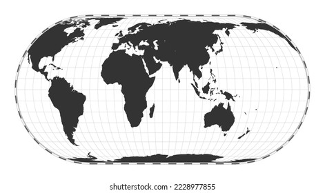 Vector world map in Herbert Hufnagel's pseudocylindrical equal-area projection. A plain geographical map with latitude and longitude lines, centered at 60 degrees west longitude.