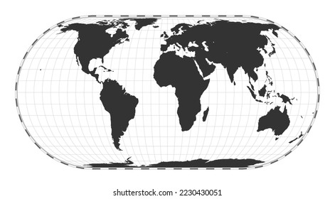 Vector world map. Herbert Hufnagel's pseudocylindrical equal-area projection. Plain world geographical map with latitude and longitude lines. Centered to 0 degrees longitude. Vector illustration.