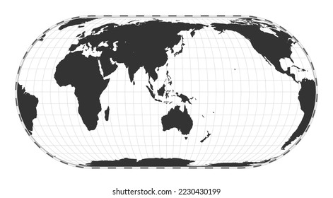 Vector world map. Herbert Hufnagel's pseudocylindrical equal-area projection. Plain world geographical map with latitude and longitude lines. Centered to 120deg W longitude. Vector illustration.