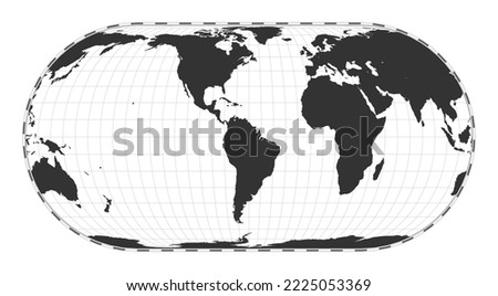Vector world map in Herbert Hufnagel's pseudocylindrical equal-area projection. A plain geographical map with latitude and longitude lines, centered at 60 degrees East longitude.