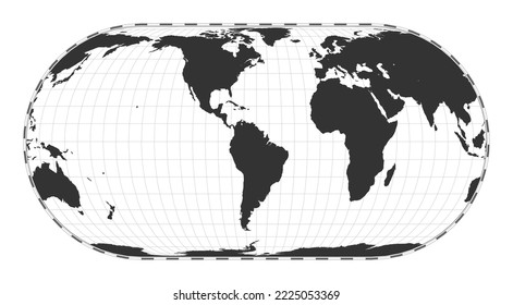 Vector world map. Herbert Hufnage's pseudocylindrical equal-area projection. Plain world geographical map with latitude and longitude lines. Centered to 60deg E longitude. Vector illustration.