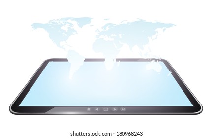 Vector world map hologram illustration on touch tablet model.