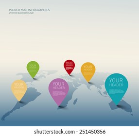 Vector world map illustration with color pointers.