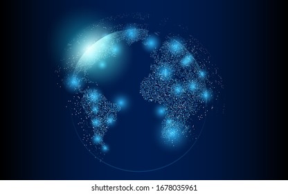 Vector world map illustration with glowing points dotted land