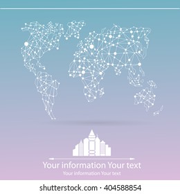 Vector world map illustration with glowing points and lines.
