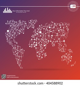 Vector world map illustration with glowing points and lines.