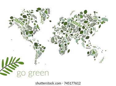 vector world map illustration. go green. leaves leaf continents. ecology eco globe earth concept save the earth. 