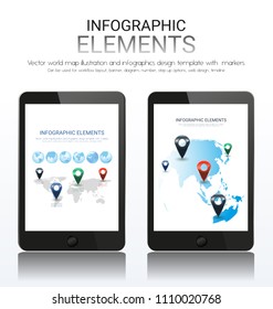 vector world map illustration and infographics design template with markers on smart phone screen.Can be used for workflow layout,banner,diagram,number,step up options,web design,timeline.