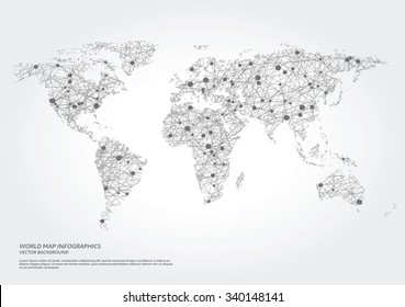 Vector world map illustration with points and lines.