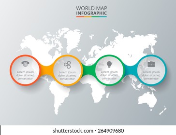 Vector world map with infographic elements. Template for diagram, graph, presentation. Business concept with 4 options, parts, steps or processes. Abstract background