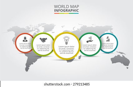 Vector world map with infographic elements. Template for diagram, graph, presentation. Business concept with 5 options, parts, steps or processes. Abstract background