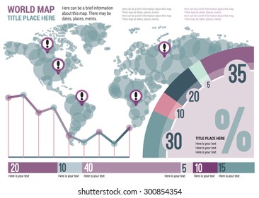 Vector world map with infographic elements: diagrams,timeline, symbols and text