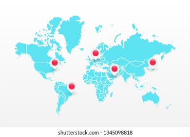 Vector world map infographic symbol. Blue icon with red map pointers. International global illustration sign. Design elements for business, global marketing project, web, presentation, template