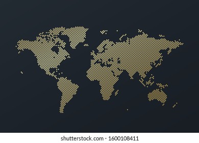 Vector World Map infographic symbol. Golden shiny dotted icon. International glowing illustration sign. Template element for business, marketing, web design, presentation