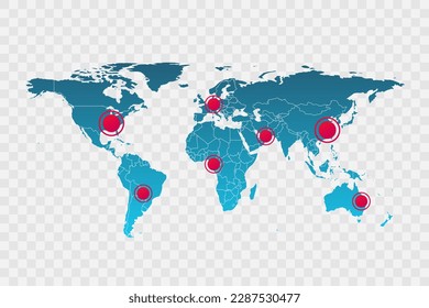 Vector world map infographic symbol. Icon with borders and red circle pointers. International global illustration sign. Design element for business, web, presentation, data report, media, news, blog