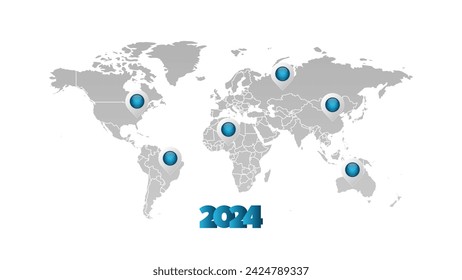 Símbolo de infografía de mapa de mundo vectorial con punteros de mapa de degradado azul. Signo de 2024. Ilustración global internacional. Elementos para negocios, diseño web, presentación, informe de datos, medios de comunicación, noticias, blog