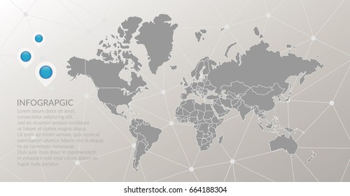 Vector world map infographic symbol. Map pointer icons, abstract polygonal connection background with global illustration sign. Template elements for business, marketing project, web design, logo