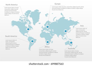 Símbolo de infografía del mapa del mundo vector. América del Norte, Europa, Asia, África, Australia mapas punteros. Signo de ilustración internacional. Elementos de plantilla para negocios, presentación, proyecto, ejemplo