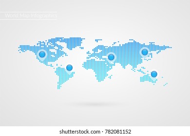 Vector World Map infographic symbol. Dotted icon with map pointers. International global illustration sign. Template elements for business, marketing project, web design, presentation