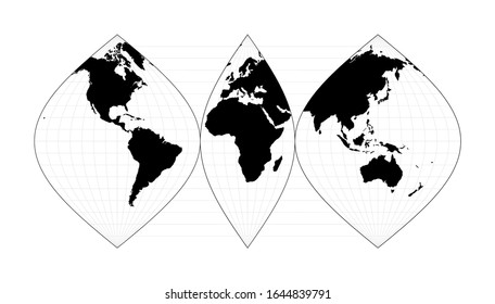 Vector world map. Interrupted sinusoidal projection. Plain world geographical map with graticule lines. Vector illustration.