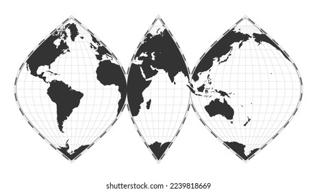 Vektorweltkarte. Unterdrückte sinusförmige Projektion. Einfache geografische Karte mit Breiten- und Längenlinien. Zentriert auf den Längengrad 60° W. Vektorgrafik.