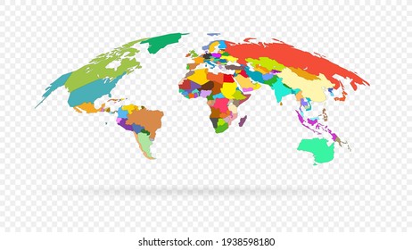 Vector world map isolated on transparent background. Every country is selectable and color highlighted