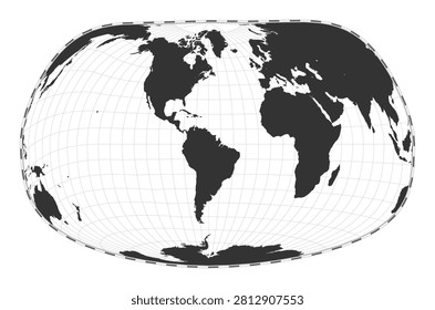 Vector world map. Jacques Bertin's 1953 projection. Plain world geographical map with latitude and longitude lines. Centered to 60deg E longitude. Vector illustration.