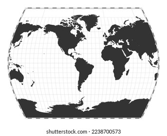 Vector world map. John Muir's Times projection. Plain world geographical map with latitude and longitude lines. Centered to 60deg E longitude. Vector illustration.