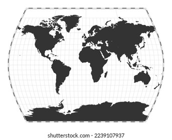 Vector world map. John Muir's Times projection. Plain world geographical map with latitude and longitude lines. Centered to 0deg longitude. Vector illustration.