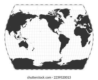 Vector world map. John Muir's Times projection. Plain world geographical map with latitude and longitude lines. Centered to 120deg E longitude. Vector illustration.