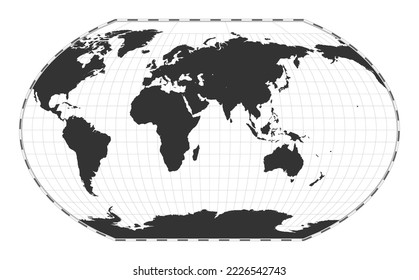 Vector world map. Kavrayskiy VII pseudocylindrical projection. Plain world geographical map with latitude and longitude lines. Centered to 60deg W longitude. Vector illustration.