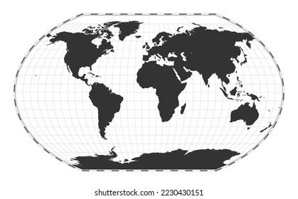 Vector world map in Kavrayskiy VII pseudocylindrical projection. Plain geographical map with latitude and longitude lines, centered at 0 degrees longitude.