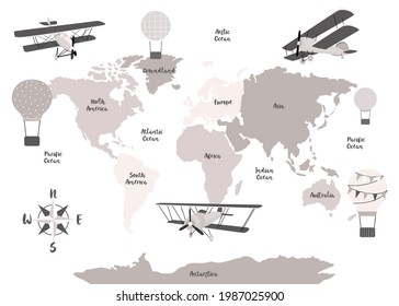 Vector world map for kids with cute cartoon planes and air balloons. Children's map design for wallpaper, kid's room, wall art. America, Europa, Asia, Africa, Australia, Arctica. Vector illustration.