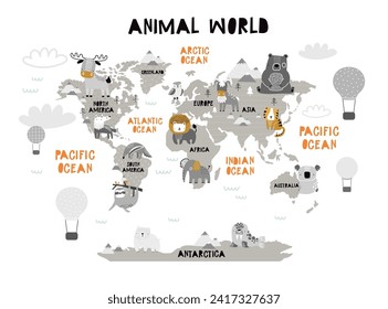 Vektorweltkarte für Kinder mit süßen Tieren. Kinderplan für Tapeten, Kinderzimmer, Tapete. Amerika, Europa, Asien, Afrika, Australien, Arktis. Illustration. Tierwelt. Kontinente. 