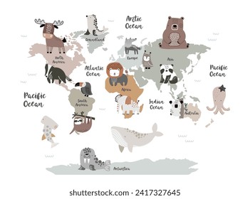 Vector world map for kids with cute animals. Children's map design for wallpaper, kid's room, wall art. America, Europa, Asia, Africa, Australia, Arctica. illustration. Animal world. Continents. 