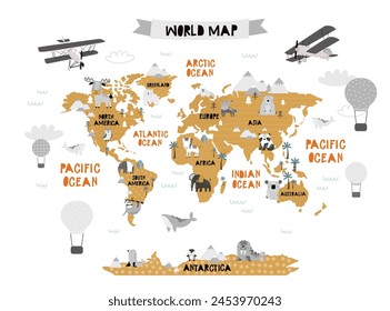 Mapa del mundo de Vector para niños con animales lindos. Diseño de mapas para niños para el Fondo de pantalla, cuarto de niños, arte de la pared. América, Europa, Asia, África, Australia, Ártica. ilustración. El mundo animal. Continentes. 