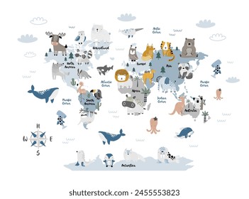 Vector world map for kids with cute animals. Children's map design for wallpaper, kid's room, wall art. America, Europa, Asia, Africa, Australia, Arctica. illustration. Animal world. Continents. 