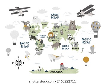 Mapa del mundo de Vector para niños con animales lindos. Diseño de mapas para niños para el Fondo de pantalla, cuarto de niños, arte de la pared. América, Europa, Asia, África, Australia, Ártica. ilustración. El mundo animal. Continentes. 