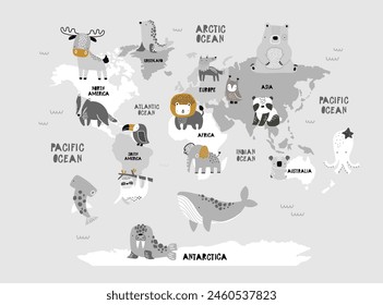 Vektorgrafik Weltkarte für Kinder mit niedlichen Tieren. Kartendesign für Kinder für Bildschirmhintergrund, Kinderzimmer, Wandkunst. Amerika, Europa, Asien, Afrika, Australien, Arktis. Illustration. Tierwelt. Kontinente. 